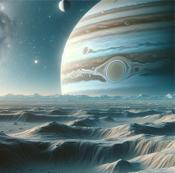 AI-generated illustration of a Jovian icy moon landscape with ridged frozen terrain under a starry sky, with a Jupiter-like gas giant dominating the horizon.