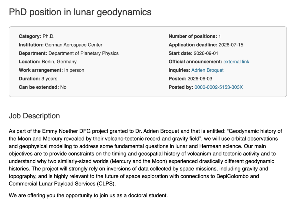 Screenshot of a typical job announcement on the Planetary Research Jobs website