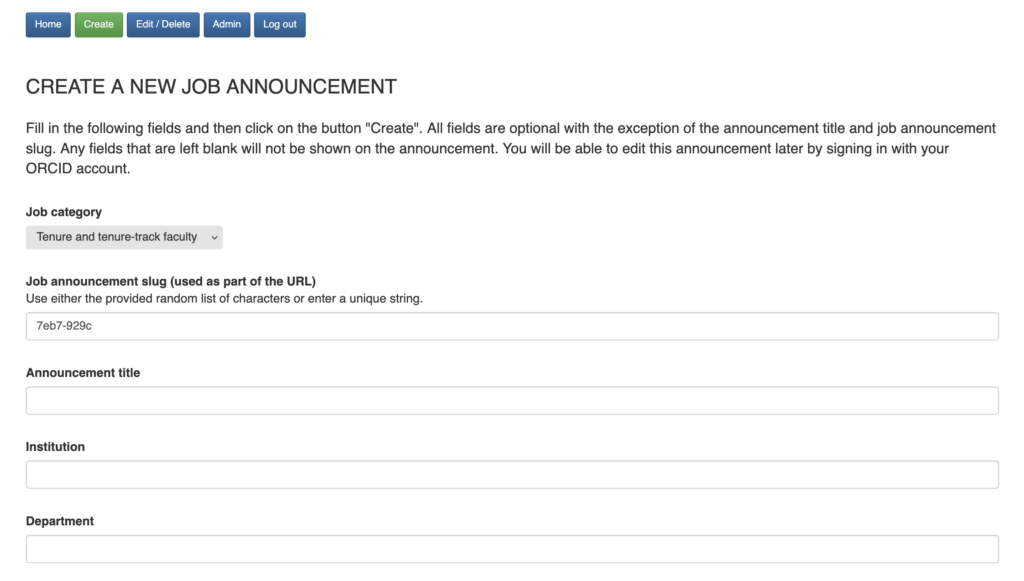 Screenshot of the page allowing you to create a new job announcement on Planetary Research Jobs