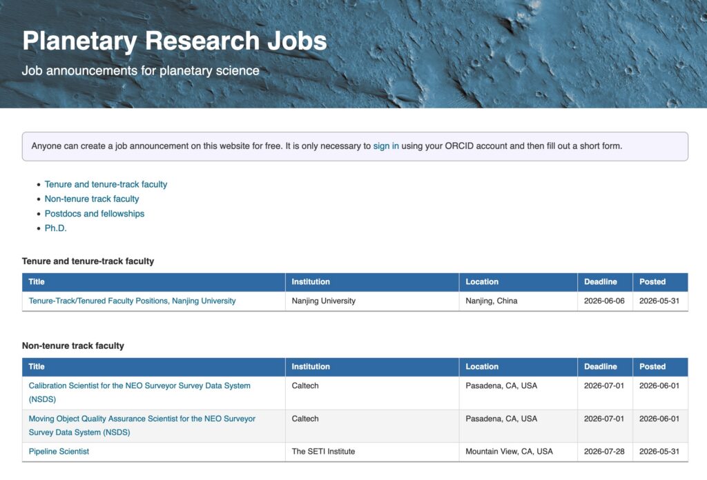 Screenshot of the Planetary Research Jobs home page