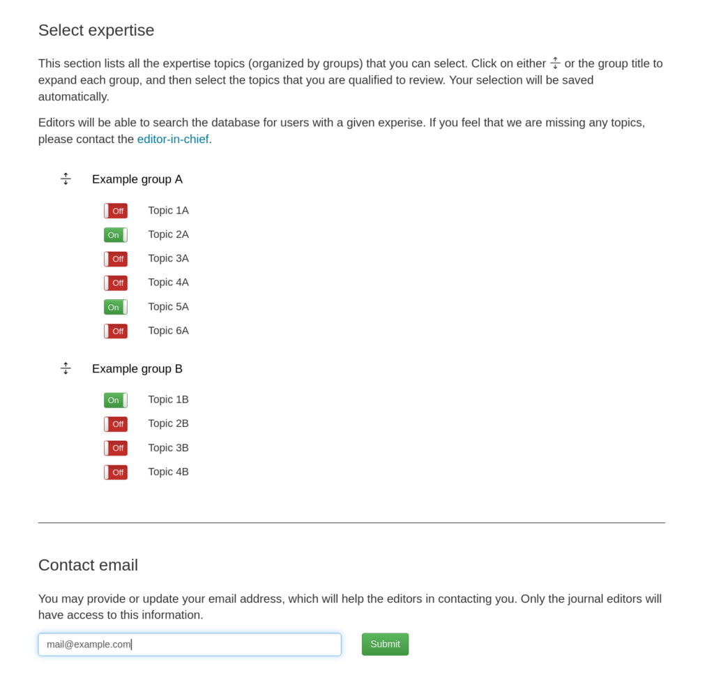 Reviewer dashboard showing the selection of expertise topics and entry of a contact email.
