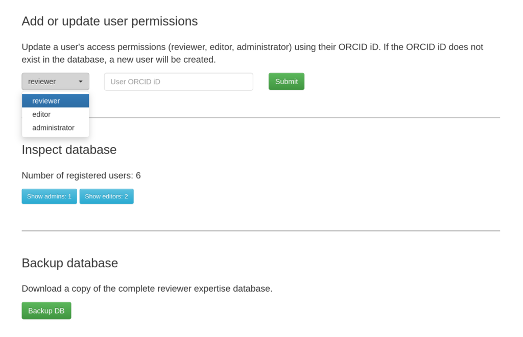 Additional administration controls allowing to update user permissions, inspect the database, and download the reviewer expertise database.