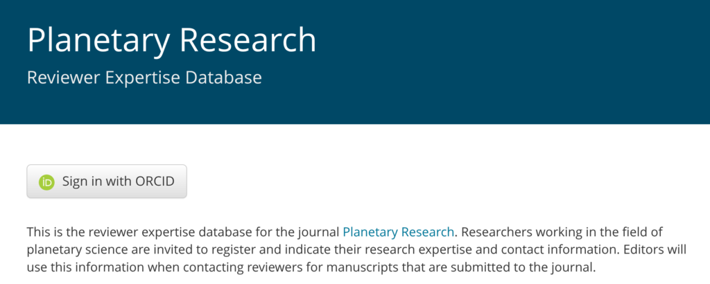 Sign in page for the reviewer expertise database of the journal Planetary Research.